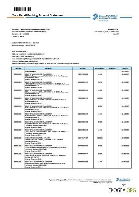 Relevé de compte de détail de la Koweït Burgan Bank Modèle Word et PDF
